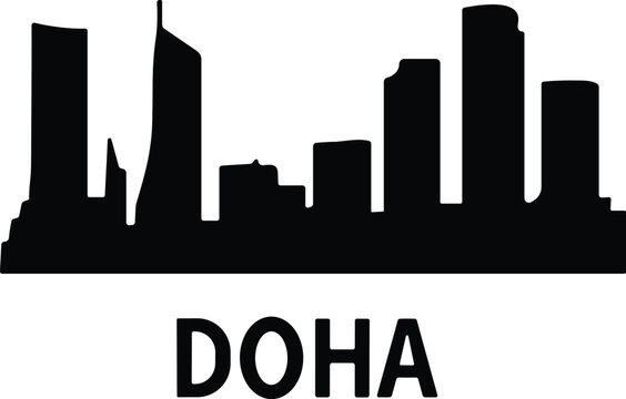 Doha Qatar City Skyline Black Silhouette with Modern Skyscrapers and Urban Architecture