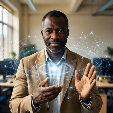 Fictional Black man professional in his mid forties with vitiligo, close-cropped hair and a sand blazer in a sunlit flexible workplace, comparing two well-separated clusters of translucent data