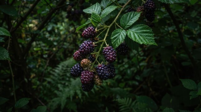 Close up view of ripe juicy blackberries hanging on a thorny bramble branch growing in a wild dark forest setting during the summer harvest season