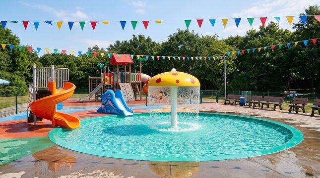 Outdoor splash pad water park with pool slides and mushroom sprinkler