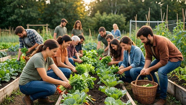 A coherent group of thirteen fictional adults harvesting vegetables together in an accessible community garden for community harvest, local food and social-connection campaigns