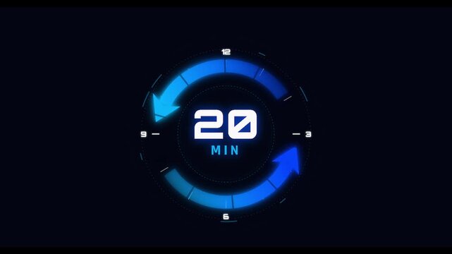 Blue 20 minutes digital countdown timer icons for video editing