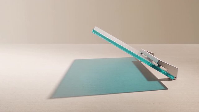 Translucent Solar Glass Panel Tilts and Casts Cyan Shadow in Studio
