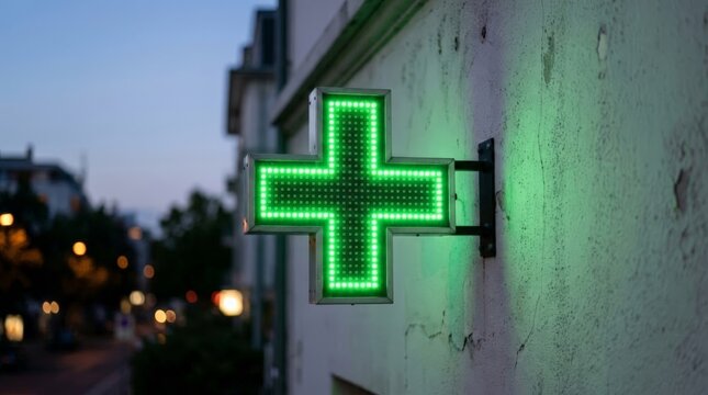 An illuminated green pharmacy cross sign glowing brightly on a weathered white wall at dusk, with out of focus streetlights and city buildings in the background