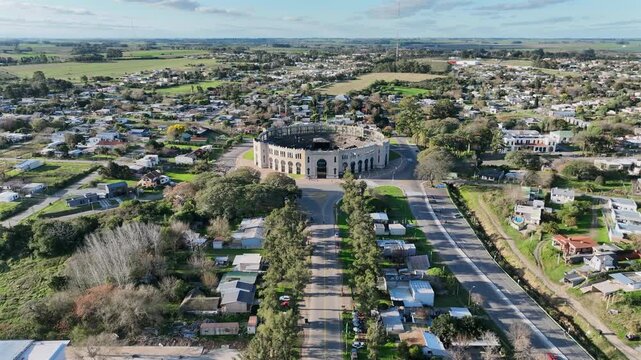 Plaza de Toros Real de San Carlos bullring in Colonia del Sacramento, Uruguay with aerial forward push.