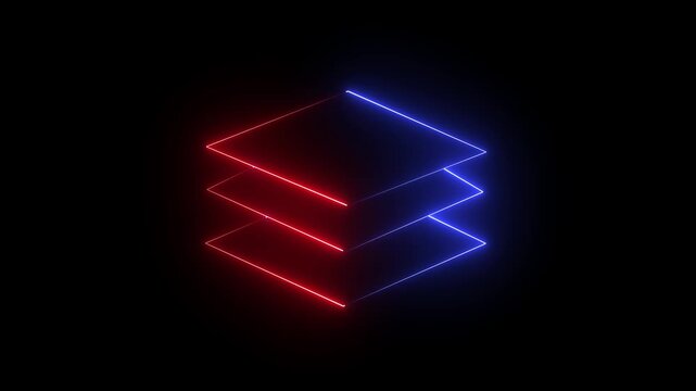 glowing Neon layers icon animation on black background. blue and red color layers icon. Multi-layered composition. Geometric Layers Ascending Motion Graphic. 4k video animation.