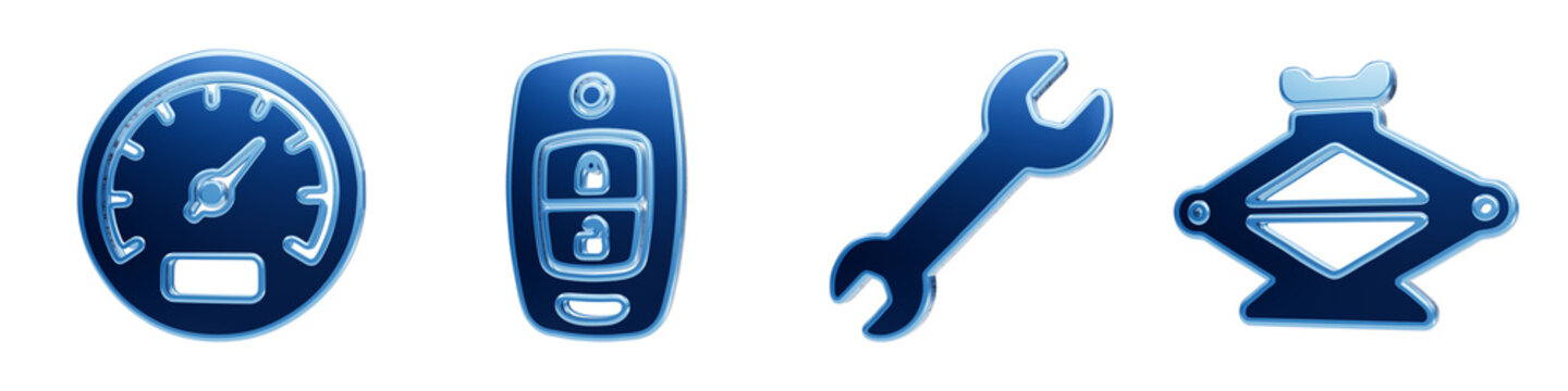 Set of automotive service blue metallic icons with speedometer key fob wrench and jack