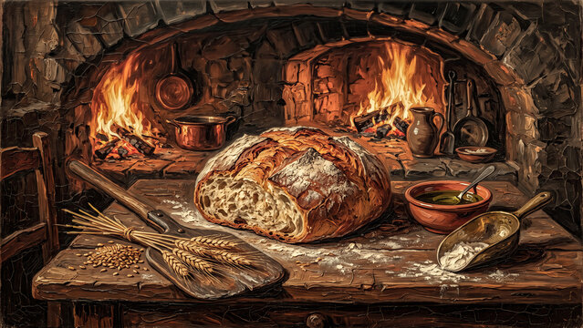 Altamura Bread Still Life Rustic Italian Bakery Materic Oil Painting