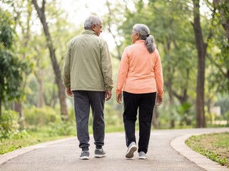 Fototapeta premium indian senior couple jogging side by side in park showing active retirement healthy lifestyle and outdoor exercise concept