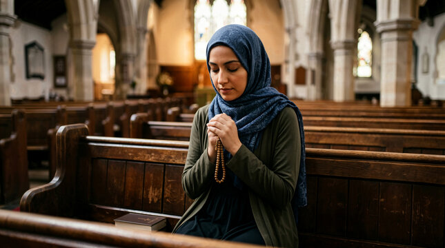 Muslim woman wearing hijab holding prayer beads sitting in quiet holy place
