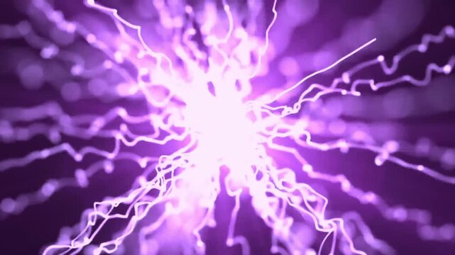 Abstract purple energy explosion with glowing electrical lightning waves radiating from the center.