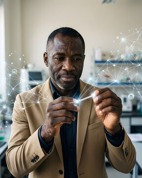 Fictional Black man professional in his mid forties with vitiligo, close-cropped hair and a sand blazer in a clean research environment, tracing a luminous connection between two data points