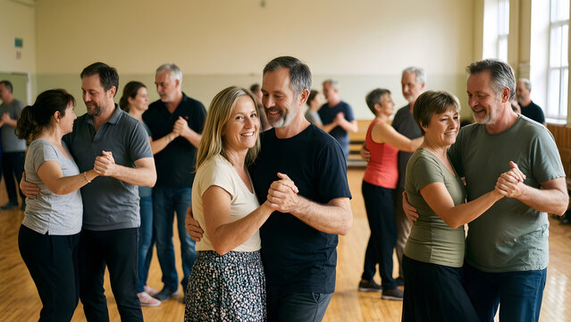 A coherent group of fifteen fictional adults of varied ages enjoying a relaxed partner-free social dance class for social dance, active aging and community-connection campaigns
