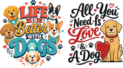 Fototapeta premium Dog themed lettering with canine illustrations and paw prints puppy