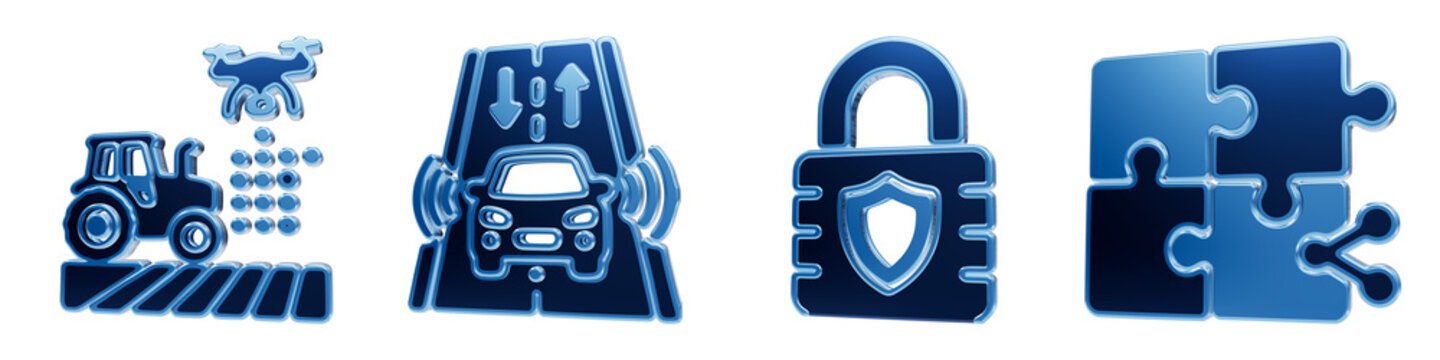 Agricultural and transportation security icons with tractor drone logistics vehicle pathing and digital privacy lock