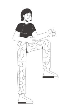 Woman in camouflage military uniform performing high-knee marching line art character. Servicewoman warm up. Female recruit training isolated vector outline person. Black and white spot illustration