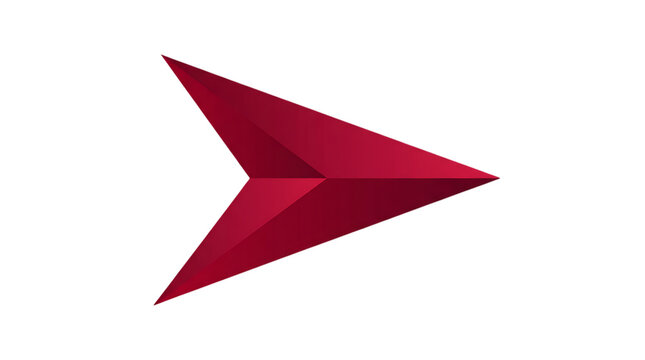 Abstract geometric arrow icon design. Red polygonal vector symbol on white background. Minimalist logo template and directional sign. Stylized low poly shape