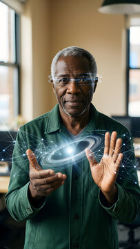 Fictional Black man professional in his late sixties with short gray hair and a dark green jacket in a sunlit flexible workplace, comparing two well-separated clusters of translucent data with one