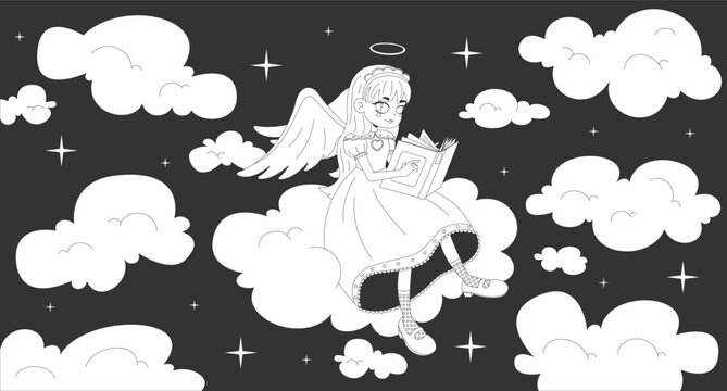Yume kawaii angel girl reading on dreamy clouds lo-fi aesthetic line art. Japanese cute angelcore. Whimsical night sky fairy kei anime scene. Black and white illustration. Flat vector artwork