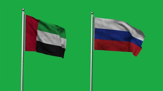 United Arab Emirates  and Russia Waving Flags, 3D Illustration
