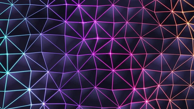 Abstract low poly network background with glowing neon colored lines and digital mesh structure