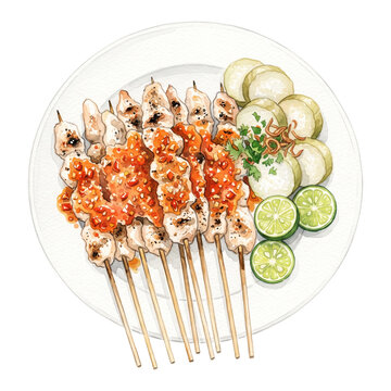 Watercolor illustration of Indonesian Sate Taichan grilled chicken skewers with spicy chili sambal, rice cakes, and key lime on white plate
