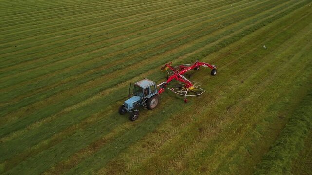 Drone View of an Old Blue Tractor Pulling a Hay Tedder Across a Field