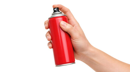 Obraz premium A hand holding red spray can isolated on transparent background