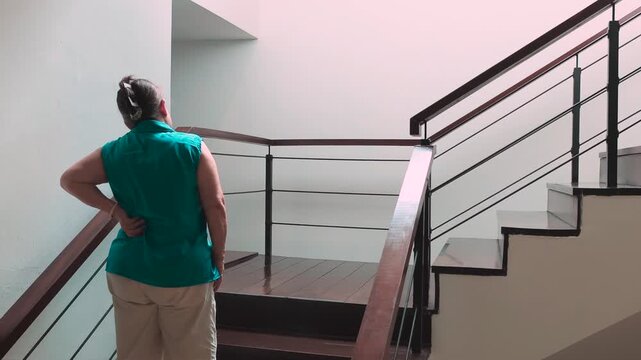 senior asian female slowly climbing staircase with back pain, indoor home scene during daytime, health, A11Y, and mobility concept, indoor home scene with only one 60s old woman from back view