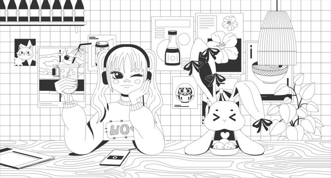 Chillhop girl with headphones and cute bunny in japanese cafe lo-fi aesthetic line art. Listening to music with cream soda float. Kawaii manga relax. Black and white illustration. Flat vector artwork