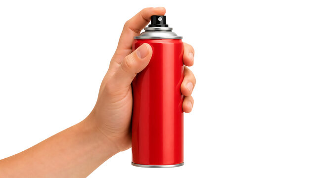 A hand holding red spray can isolated on transparent background