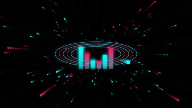 Neon audio visualizer bar with glowing particles flying on black background motion graphic