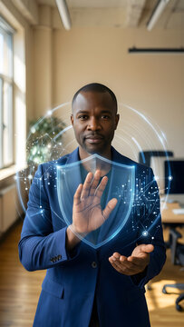 Fictional Black nonbinary professional in their mid forties with a shaved head and a plum blazer in a sunlit flexible workplace, comparing two well-separated clusters of translucent data with one