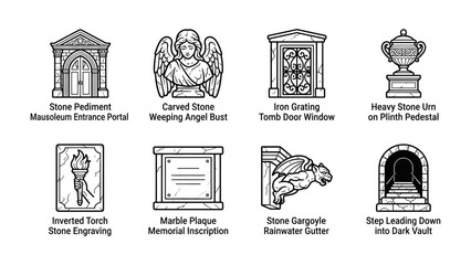 Fototapeta premium Sepulchre Elements: A collection of gravestone elements, including mausoleum portal, angel bust, tomb window, stone urn, torch engraving, marble plaque, gargoyle gutter, and dark vault entrance.