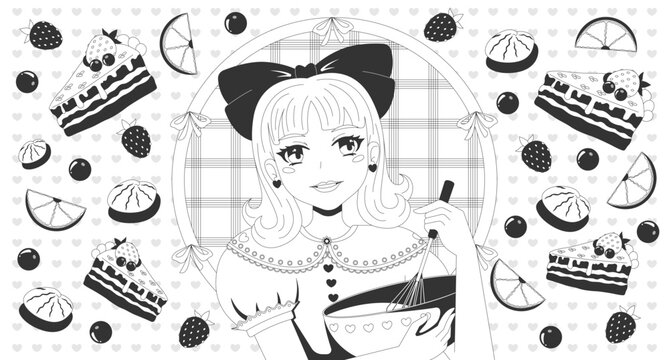 Retro manga girl whisking batter in sweet dessert frame lo-fi aesthetic line art. Cute shojo pastry making with berries. Kawaii coquette bakery. Black and white illustration. Flat vector artwork