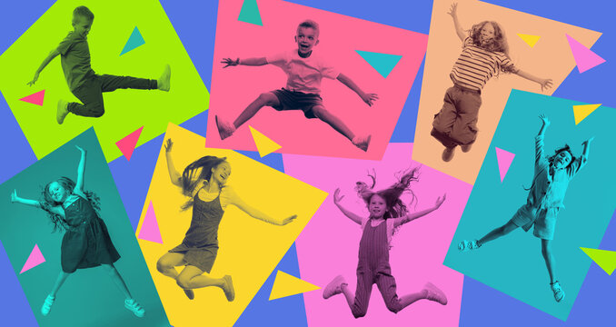 Bold pop art collage features jumping teenagers and geometric shapes. Concept of youth culture, creative education, school motivation, self expression, energy, and modern student lifestyle.