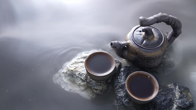 Traditional chinese tea ceremony set with teapot and cups on natural rocks in a foggy misty water environment, slow motion close up footage.