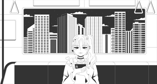 Late-night commute chillhop lo-fi aesthetic line art. Anime girl absorbed in smartphone with social media reactions. Solo passenger on train. Black and white illustration. Flat vector artwork