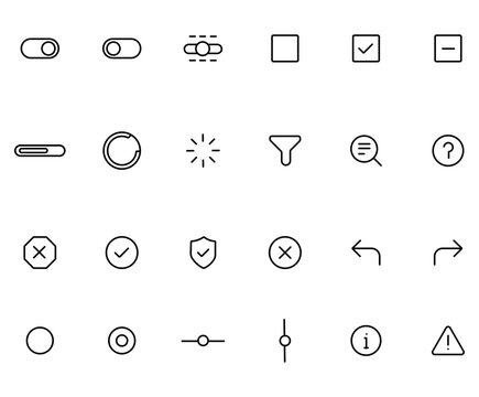 Minimalist UI icon set, 24 thin line vector symbols for web and mobile apps, clean black outline interface elements