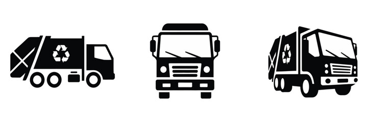 Fototapeta premium Garbage and recycling truck silhouettes, heavy waste vehicles for sanitation, environmental service, transportation, and urban cleanup illustrations. 