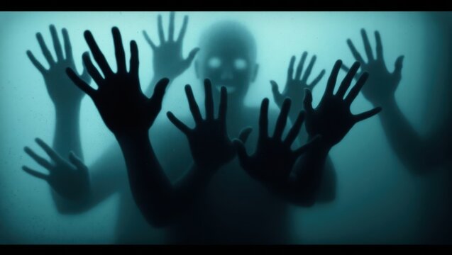 Spooky silhouette of ghost hands against frosted glass.