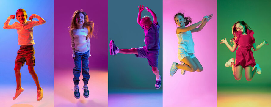 Vibrant student portraits capture movement in neon color panels. Concept of dynamic learning, individuality, confidence, school spirit, teenage energy, and contemporary education.