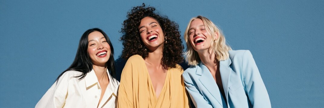 Three women laughing in pastel outfits against a blue background for social media header and lifestyle portrait
