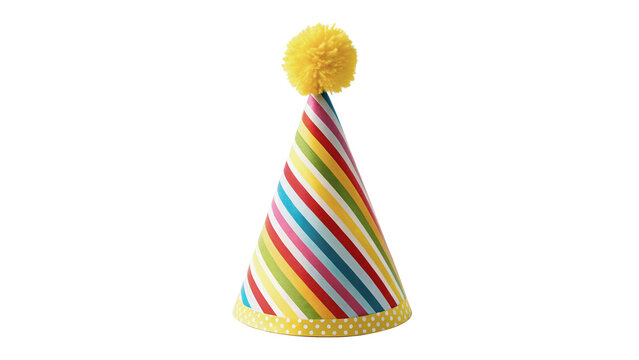 Colorful striped festive party cone hat template isolated on transparent background for children birthday celebration greeting cards.