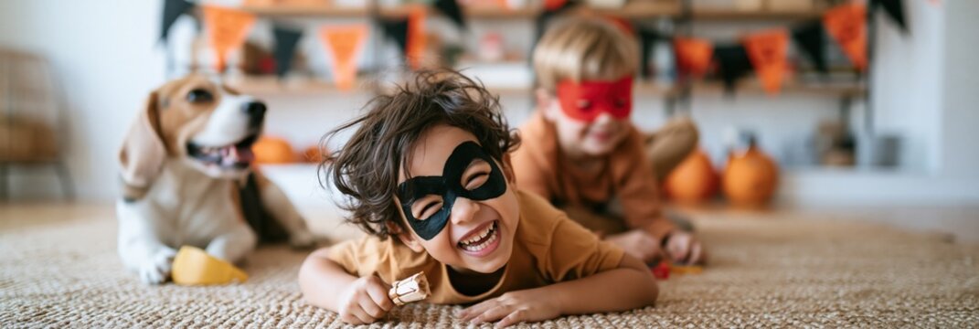 Two children and a dog wearing halloween masks laughing together on a carpet with pumpkins and decorations at home for seasonal background