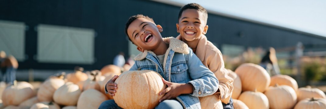 Two smiling children at a pumpkin patch autumn harvest holding pumpkins for seasonal layout and autumn social media posts