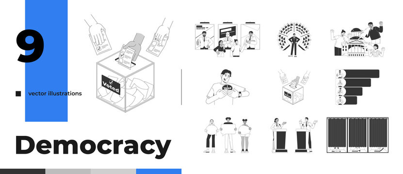 Democracy election voting and civic participation outline illustration pack. Ballot box. Exit poll. Political 2D line characters isolated on white. Monochrome vector linear concept collection