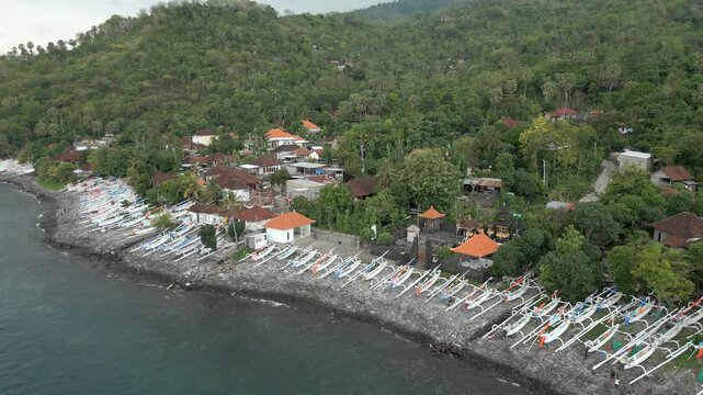 Lipah Beach Local Boats On Shore Amed Bali Indonesia Drone Track Over Ocean 4K 60FPS