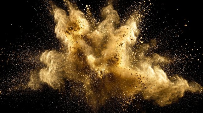 Explosion of golden powder or dust against a dark background with gold dust golden particles abstract background color explosion