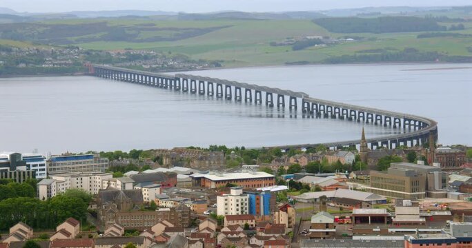 Aerial view of long Tay Rail Bridge crossing Firth of Tay in Scotland.